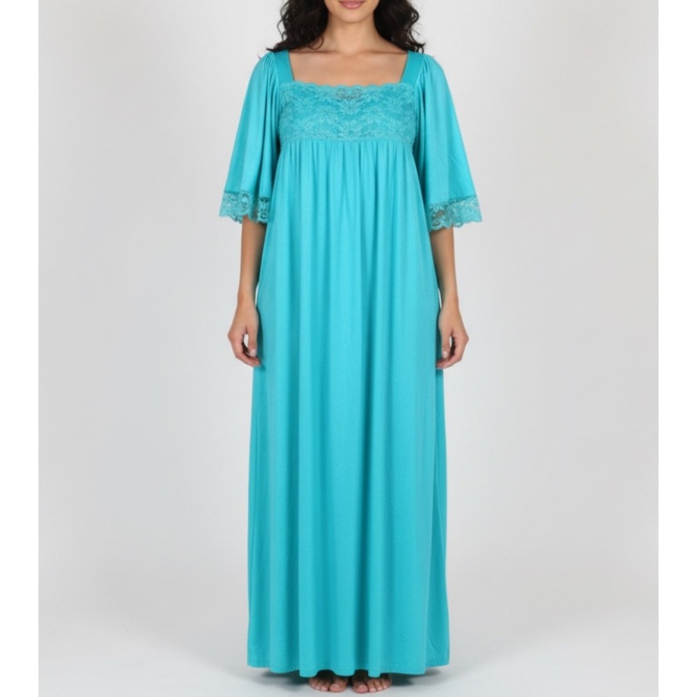 VTG KOMAR Teal NYLON Sheer Floral Lace FLUTTER SLEEVES /Lounge NIGHTGOWN Sz M